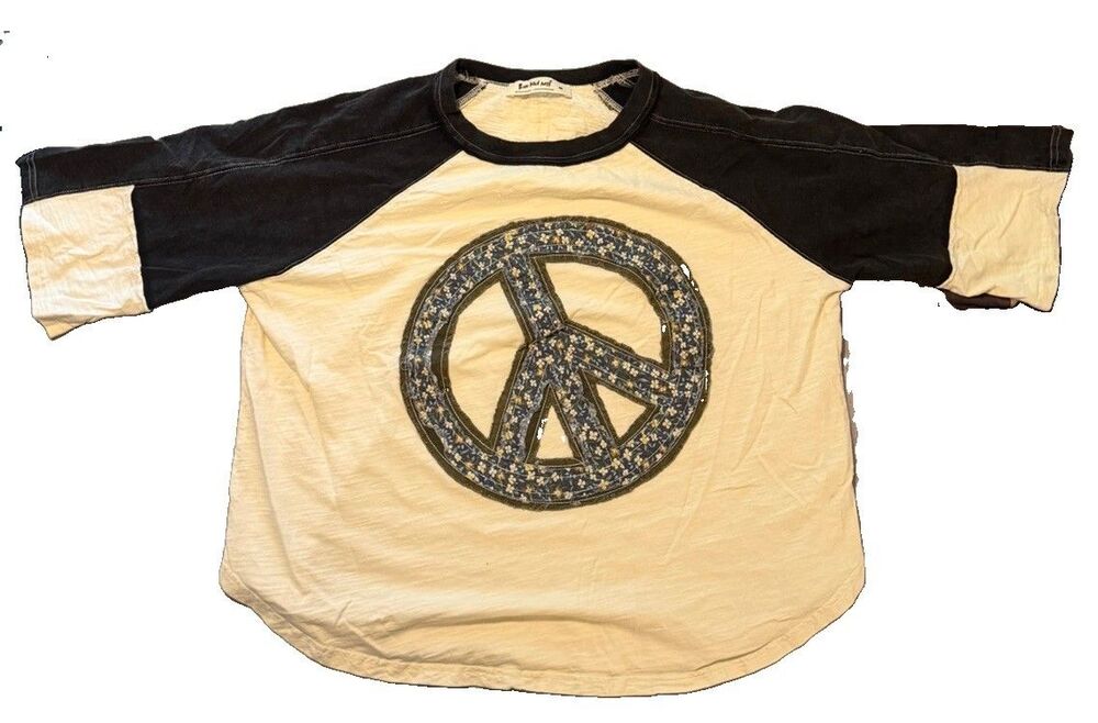 Three Bird Nest Patchwork Raglan Tee Peace Sign Oversized Boho Top Womens Medium
